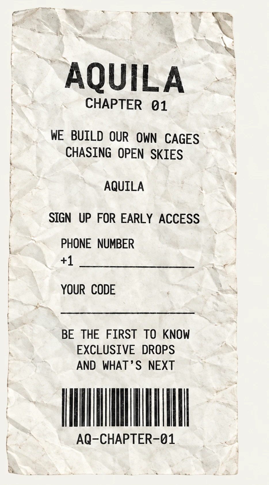 Aquila. Chapter 01. We build our own cages, chasing open skies. Aquila. Sign up for early access. Phone number, plus 1. Your code. Be the first to know: exclusive drops and what's next. AQ-CHAPTER-01.